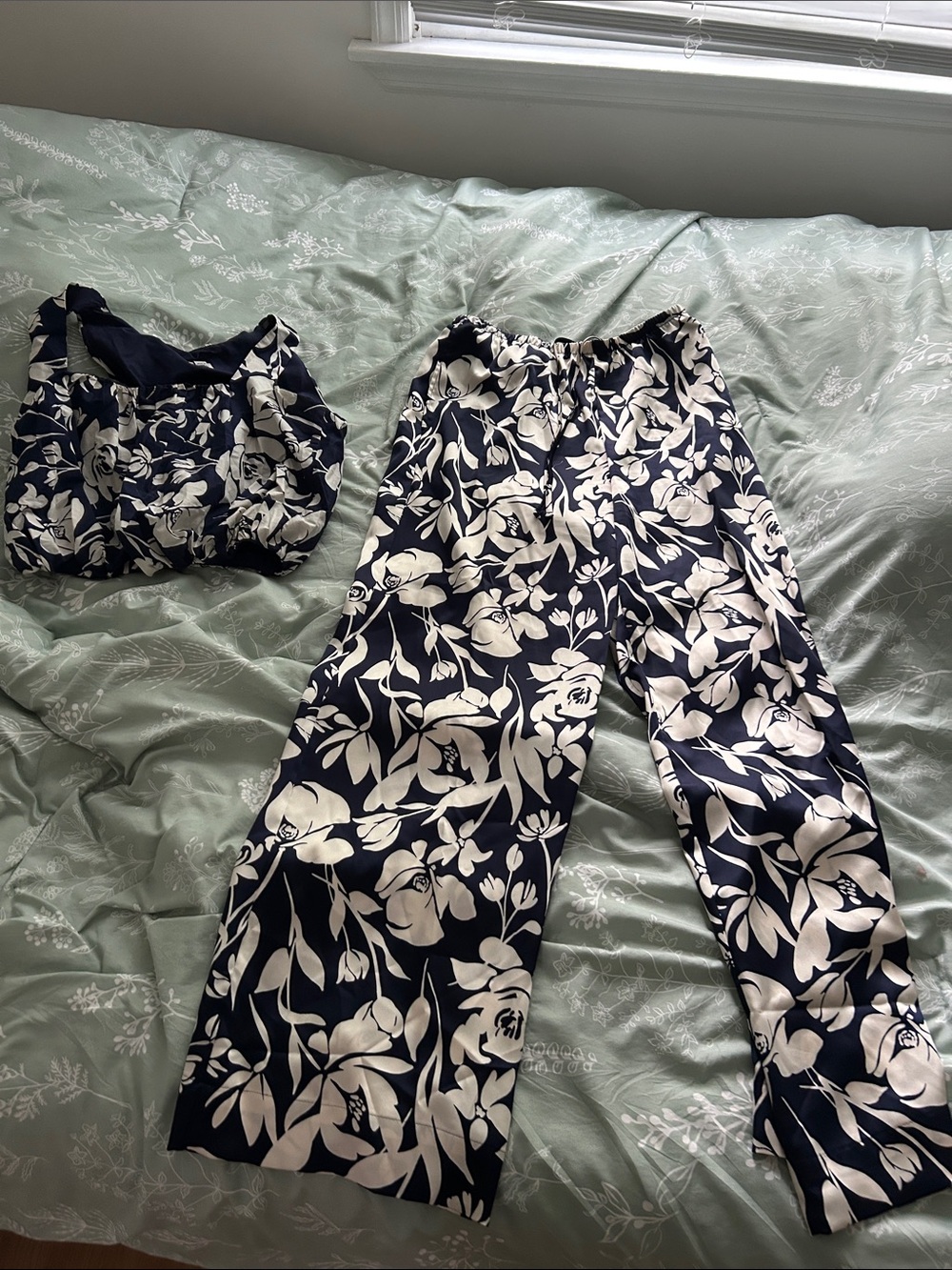 A New Day Navy Floral Matching Top & Wide Leg Pants Set XS/S